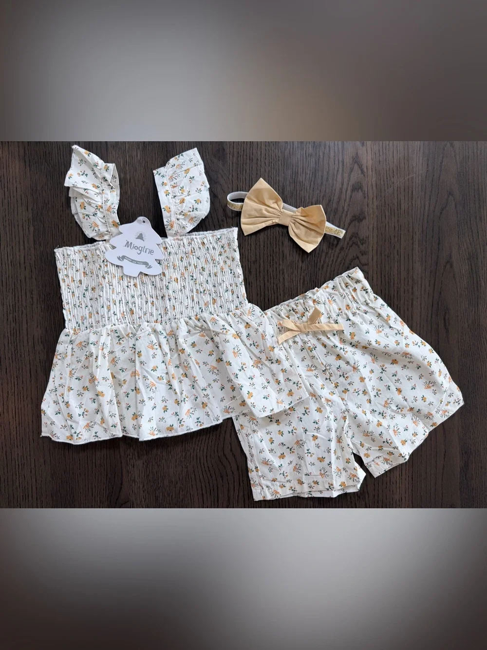 NWT Girls Floral Smocked 3-Piece Set with Gold Bow Headband